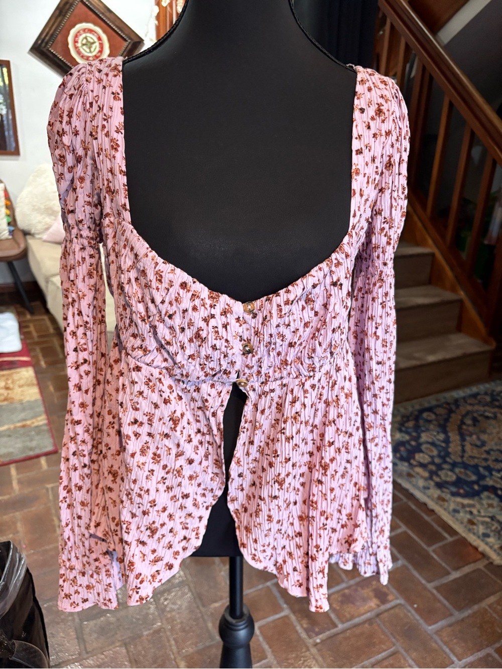 Urban Outfitters Pink Floral Tie-Front Long-Sleeve Top